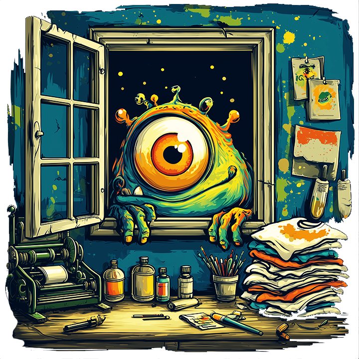 one eyed creature leans through workplace window